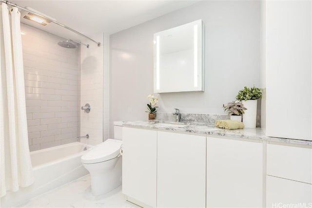 full bathroom featuring vanity, toilet, and shower / bathtub combination with curtain