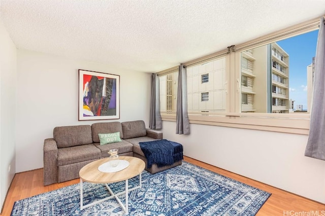 living room featuring hardwood / wood-style floors and a textured ceiling