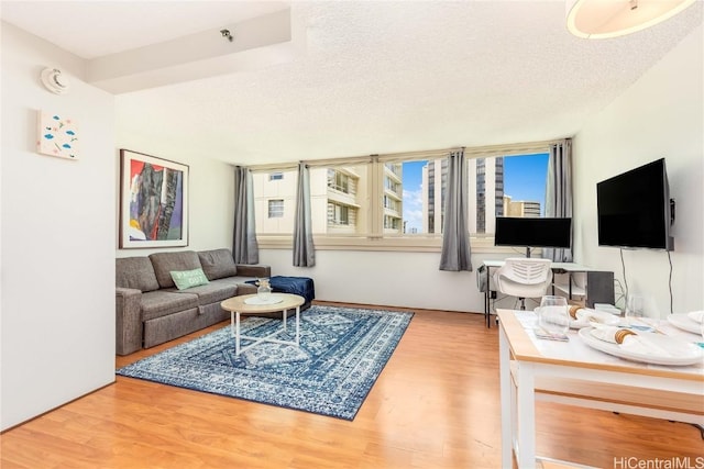 living room with hardwood / wood-style floors and a textured ceiling