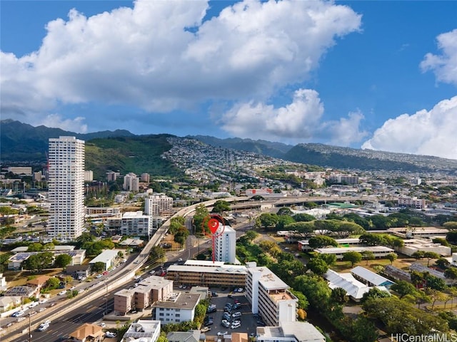 drone / aerial view featuring a mountain view