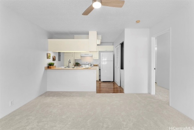 unfurnished living room with carpet flooring, ceiling fan, sink, and a textured ceiling