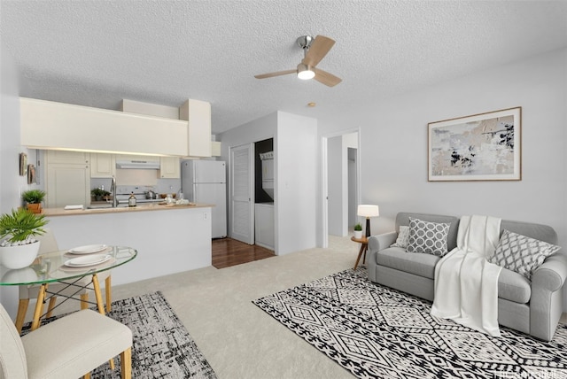 living room with light carpet, a textured ceiling, ceiling fan, and sink