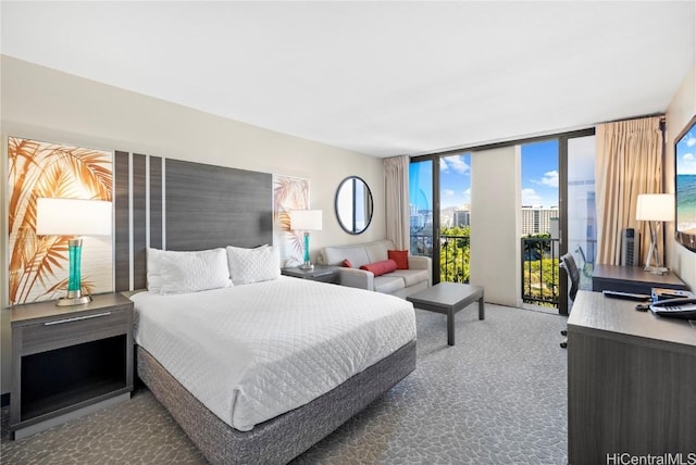 carpeted bedroom with access to outside and expansive windows