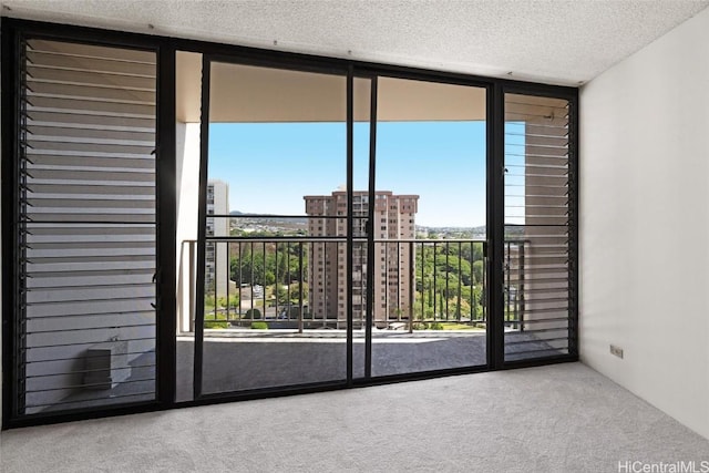 carpeted empty room featuring a wall of windows and a textured ceiling