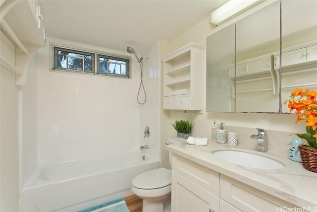 full bathroom featuring vanity, shower / bathtub combination, toilet, and wood-type flooring