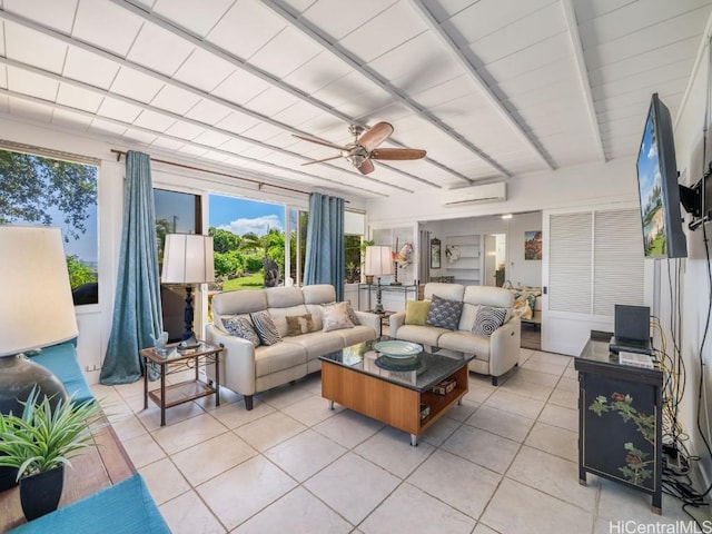 living room with beamed ceiling, ceiling fan, light tile patterned flooring, and a wall mounted AC