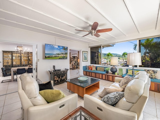 654 N Judd St Unit 654, Honolulu, HI 96817 - living area with light tile patterned floors, ceiling fan, and a chandelier