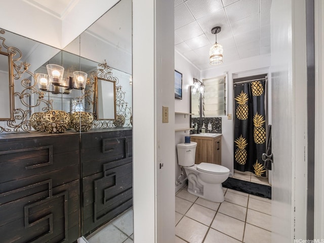 654 N Judd St Unit 654, Honolulu, HI 96817 - full bathroom with a chandelier, tile patterned floors, vanity, backsplash, and a shower with shower curtain