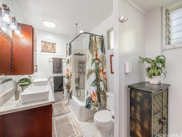 full bathroom with tile patterned floors, crown molding, shower / bath combination with curtain, toilet, and vanity