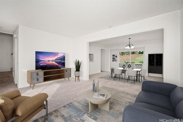 carpeted living room featuring a textured ceiling and an inviting chandelier