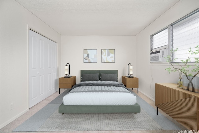 carpeted bedroom featuring a closet, cooling unit, and a textured ceiling