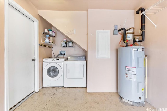 clothes washing area featuring electric water heater and independent washer and dryer