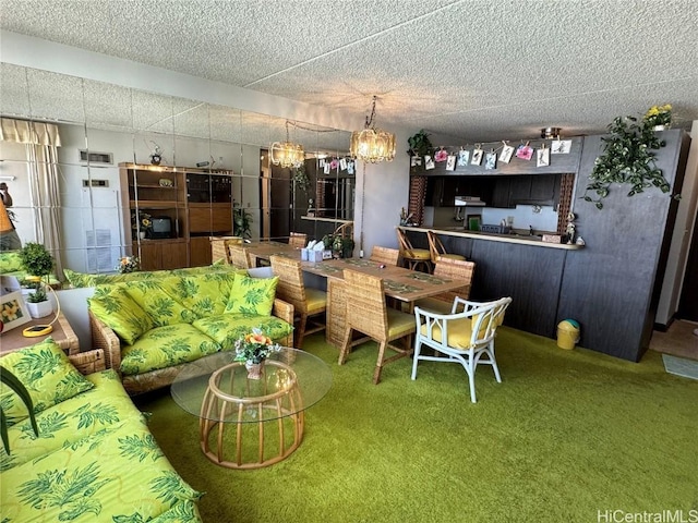 carpeted dining area featuring a notable chandelier