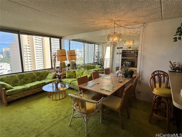 carpeted dining area with a notable chandelier, floor to ceiling windows, and a textured ceiling