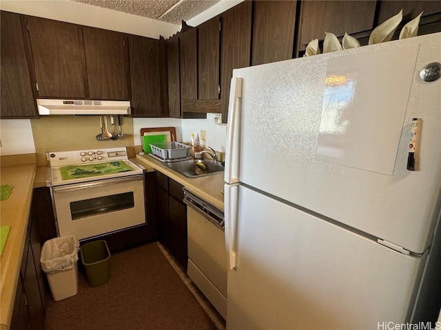 kitchen featuring sink, electric range, stainless steel dishwasher, white fridge, and dark brown cabinetry