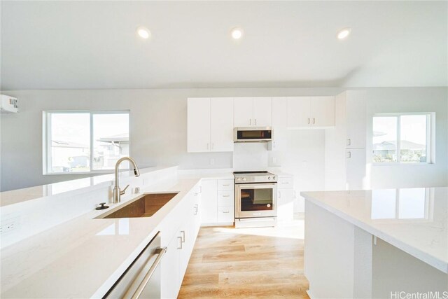 kitchen with a healthy amount of sunlight, sink, stainless steel appliances, and light wood-type flooring