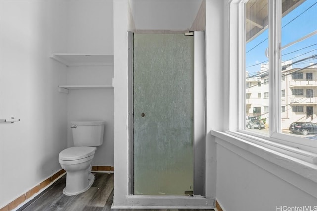 bathroom with toilet and hardwood / wood-style flooring