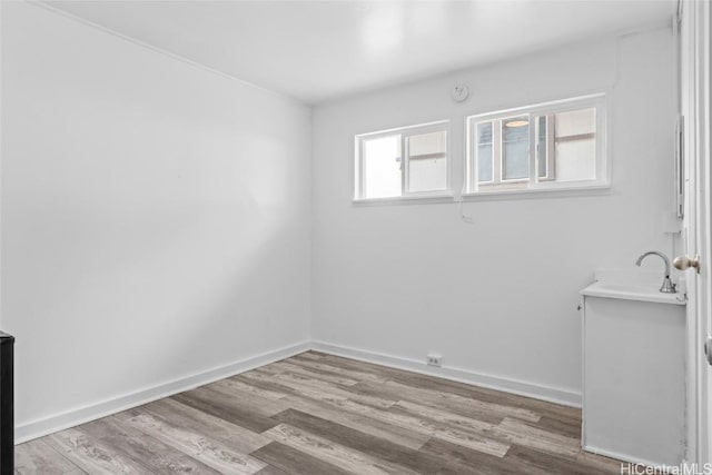 unfurnished room with light wood-type flooring and sink