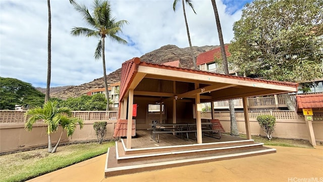 view of patio / terrace featuring a mountain view