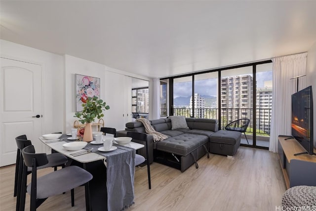 living room featuring light hardwood / wood-style floors and a wall of windows