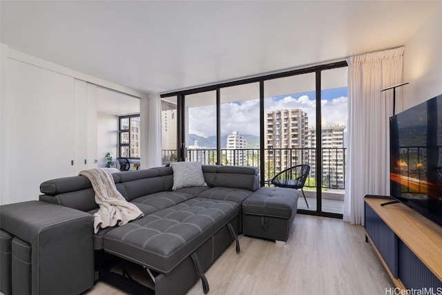 living room featuring floor to ceiling windows, light hardwood / wood-style floors, and a wealth of natural light