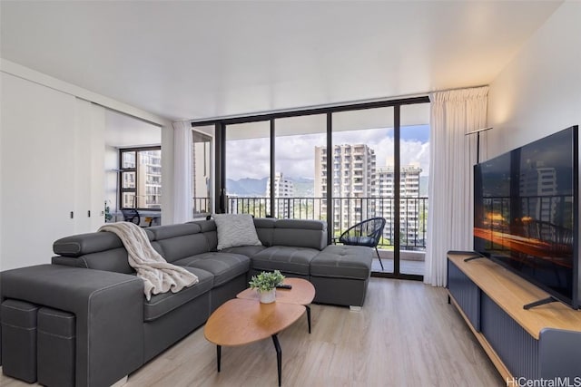 living area featuring wood finished floors and floor to ceiling windows