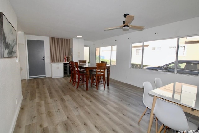 dining room with ceiling fan, wine cooler, and light hardwood / wood-style flooring