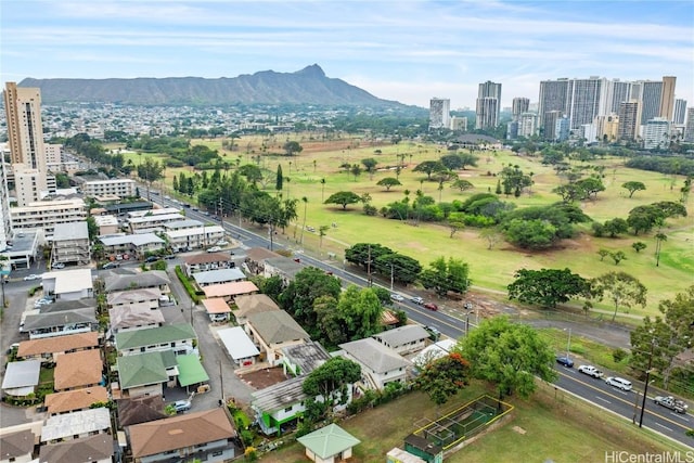 drone / aerial view featuring a mountain view