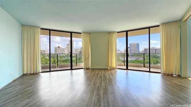 empty room with a wealth of natural light, wood-type flooring, and a wall of windows