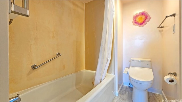 bathroom featuring shower / bathtub combination with curtain and toilet