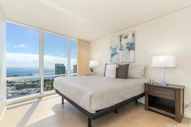 bedroom featuring light hardwood / wood-style floors, a water view, floor to ceiling windows, and multiple windows