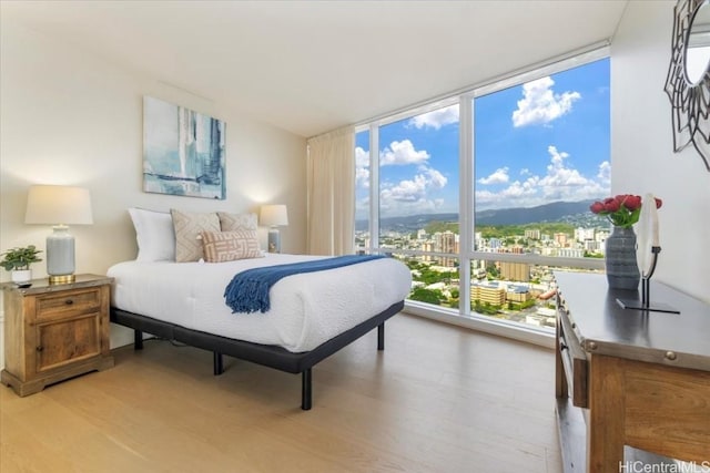 bedroom with a mountain view, light hardwood / wood-style floors, and expansive windows