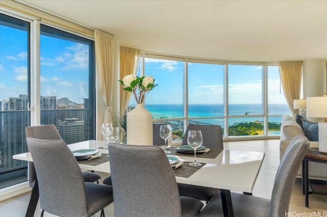 dining area featuring plenty of natural light, a water view, and a wall of windows