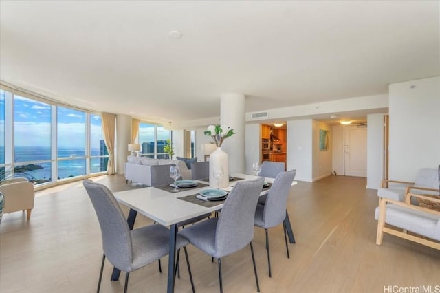 dining area featuring a water view, expansive windows, and light hardwood / wood-style floors