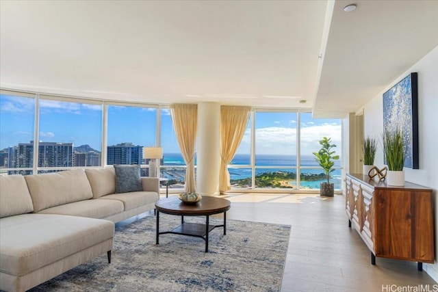 living room featuring expansive windows, a water view, and light wood-type flooring