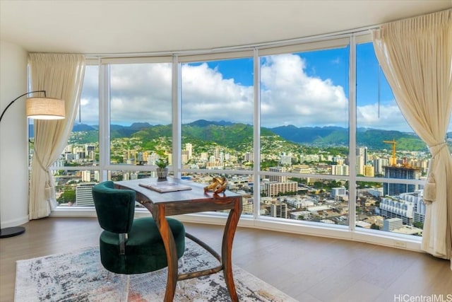 sunroom featuring a mountain view