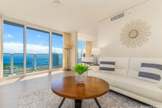 living room with expansive windows, a water view, and hardwood / wood-style flooring