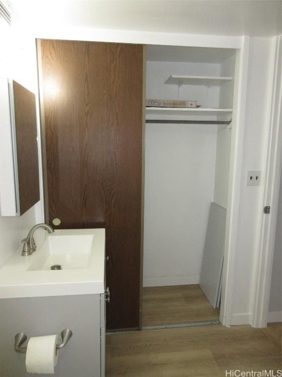 bathroom with vanity and wood-type flooring