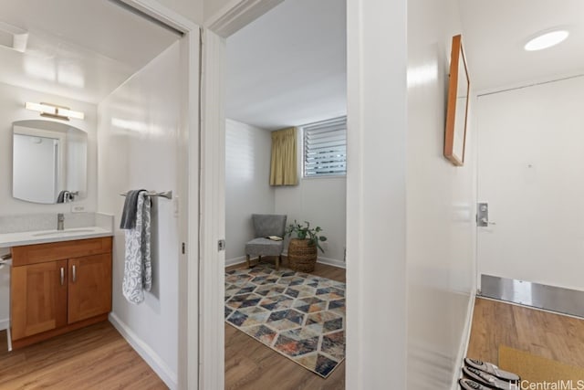 bathroom featuring vanity and hardwood / wood-style flooring