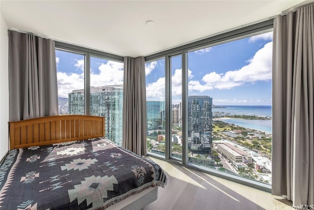 bedroom featuring multiple windows, a water view, and expansive windows