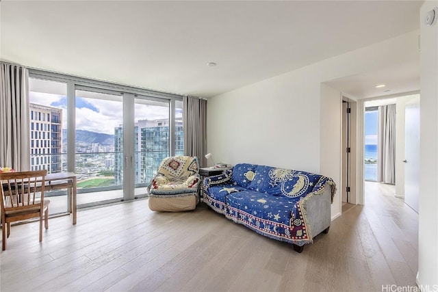 living room featuring hardwood / wood-style flooring and a wall of windows