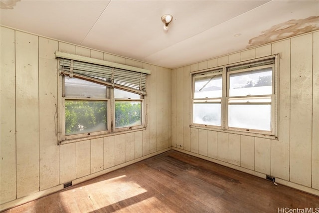 spare room with hardwood / wood-style floors and wooden walls