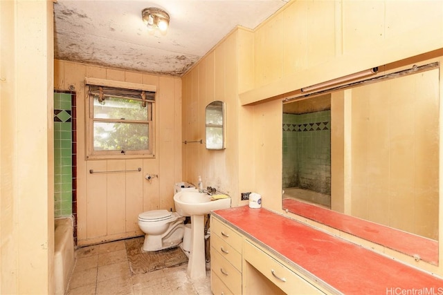 bathroom with wood walls, sink, and toilet