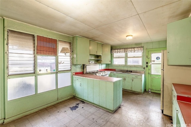 kitchen with kitchen peninsula, sink, stainless steel stove, and green cabinetry