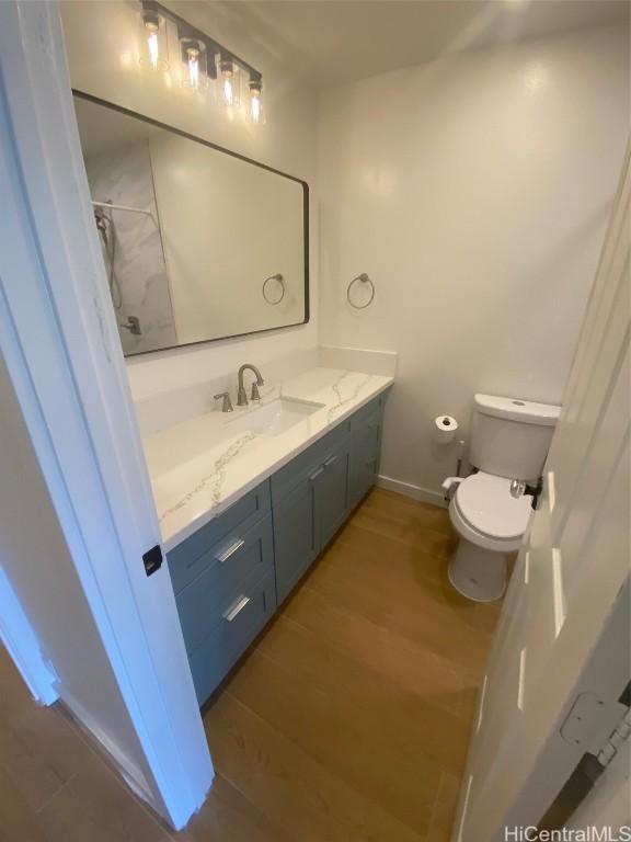 bathroom featuring vanity, hardwood / wood-style flooring, and toilet