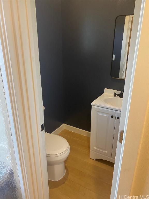 bathroom with vanity, hardwood / wood-style floors, and toilet