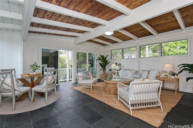 sunroom featuring vaulted ceiling with beams and wooden ceiling