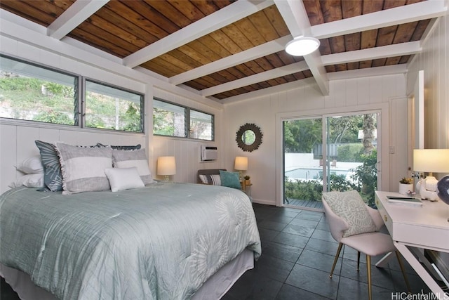 tiled bedroom featuring a wall mounted air conditioner, lofted ceiling with beams, wood ceiling, and multiple windows