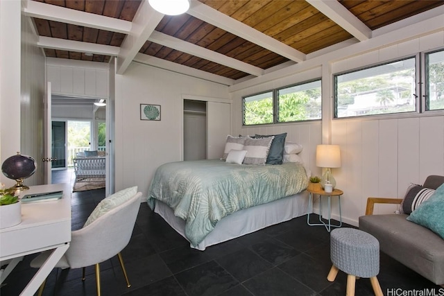 bedroom featuring vaulted ceiling with beams, wood walls, and wooden ceiling