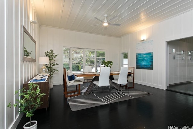 dining room with ceiling fan, dark wood-type flooring, and wood ceiling